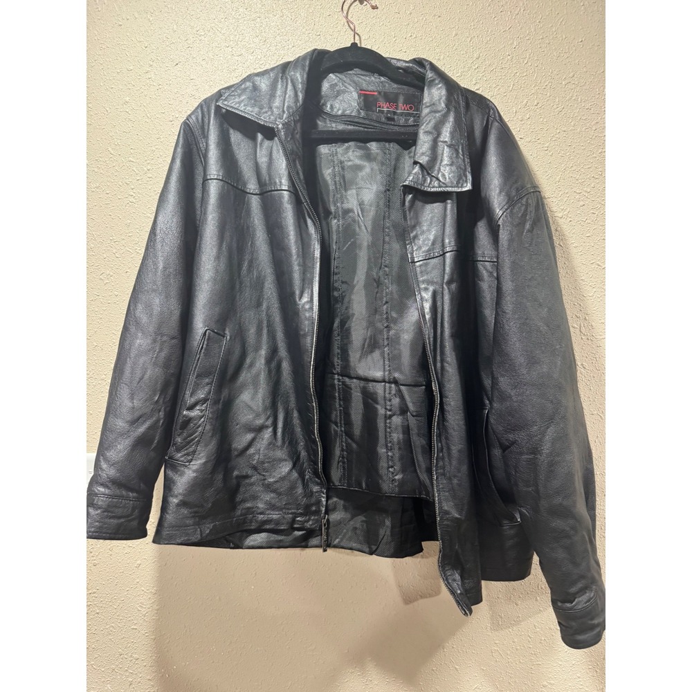 Phase Two Mens Black Leather Full Zip Jacket Large Quilted Lining Pointed Collar